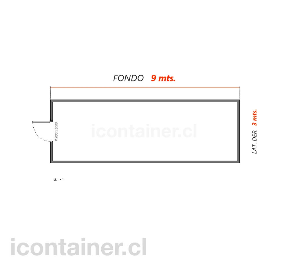 9 x 3 mts.  |  27 M2  | 1 Portón Frontal 2 — Icontainer