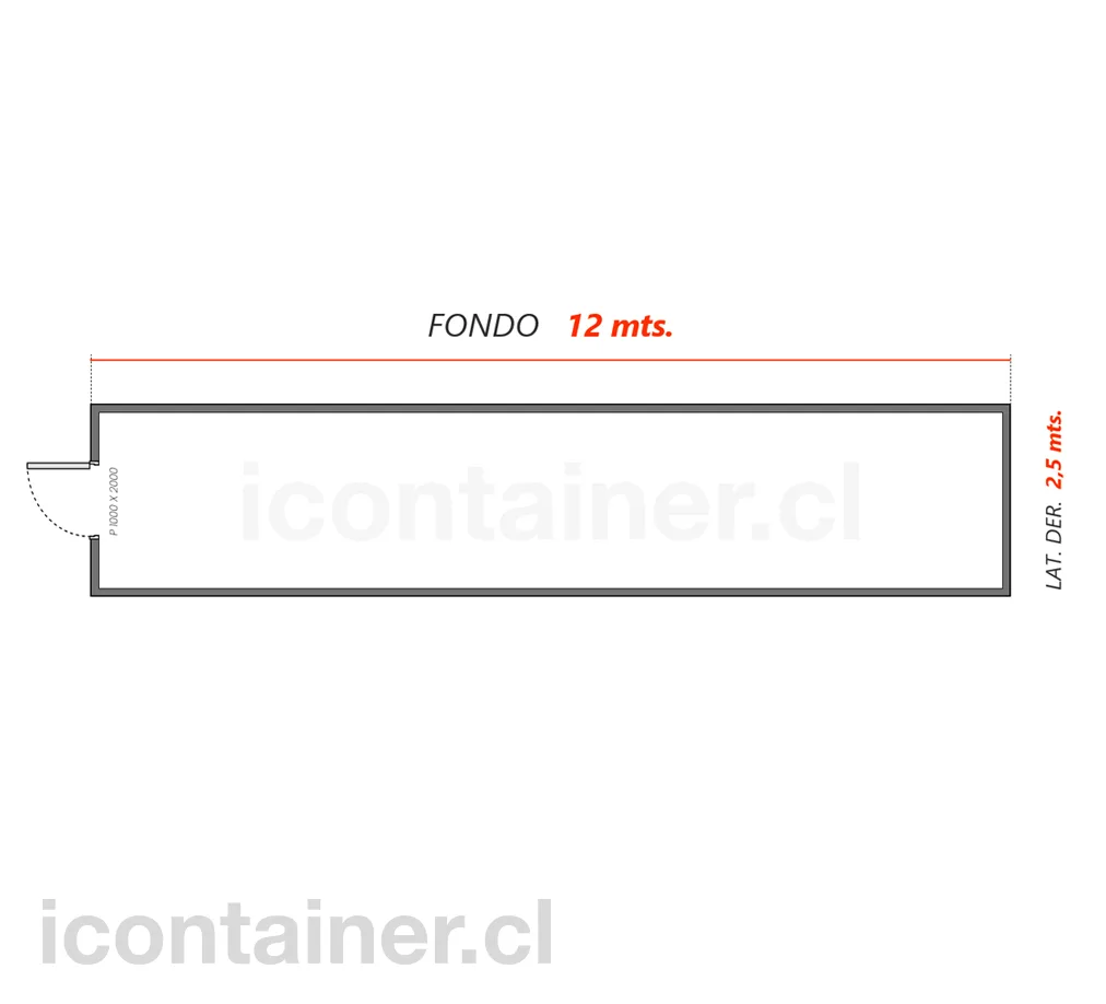 12 x 2,5 mts.  |  30 M2  | 1 Portón Frontal 2 — Icontainer