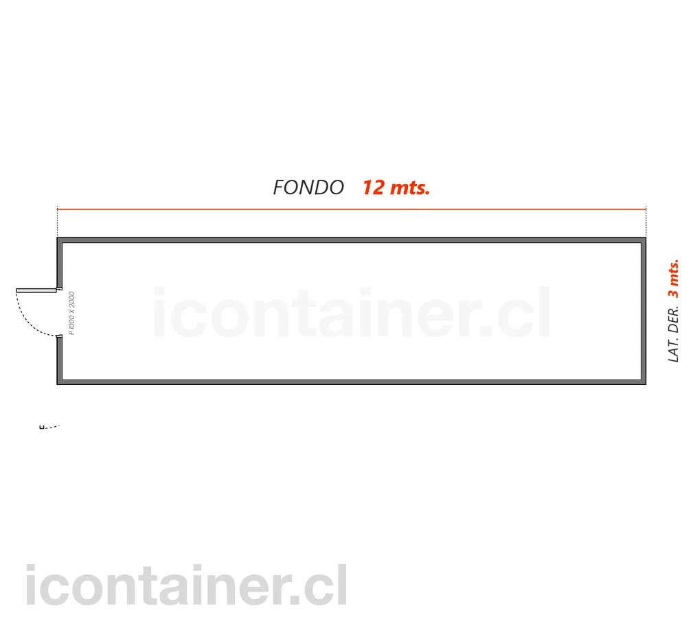 12 x 3 mts.  |  36 M2  | 1 Portón Frontal 2 — Icontainer
