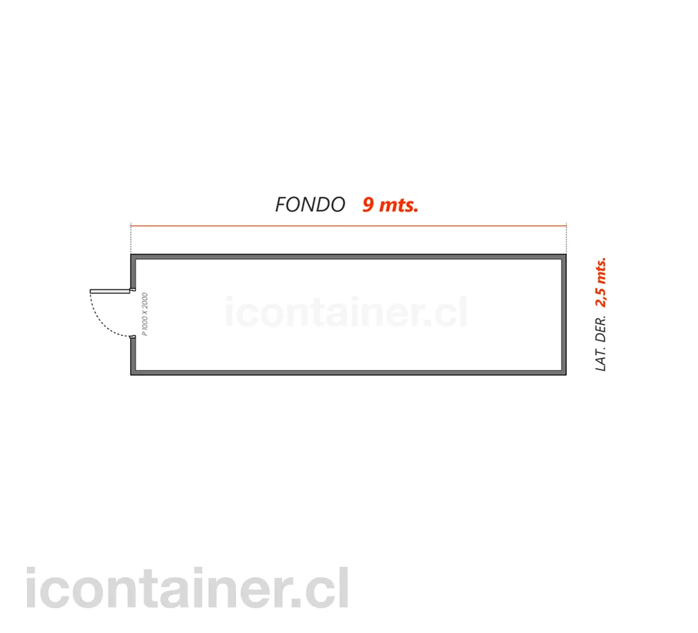 9 x 2,5 mts. |  22.5 M2  | 1 Portón Frontal 3 — Icontainer