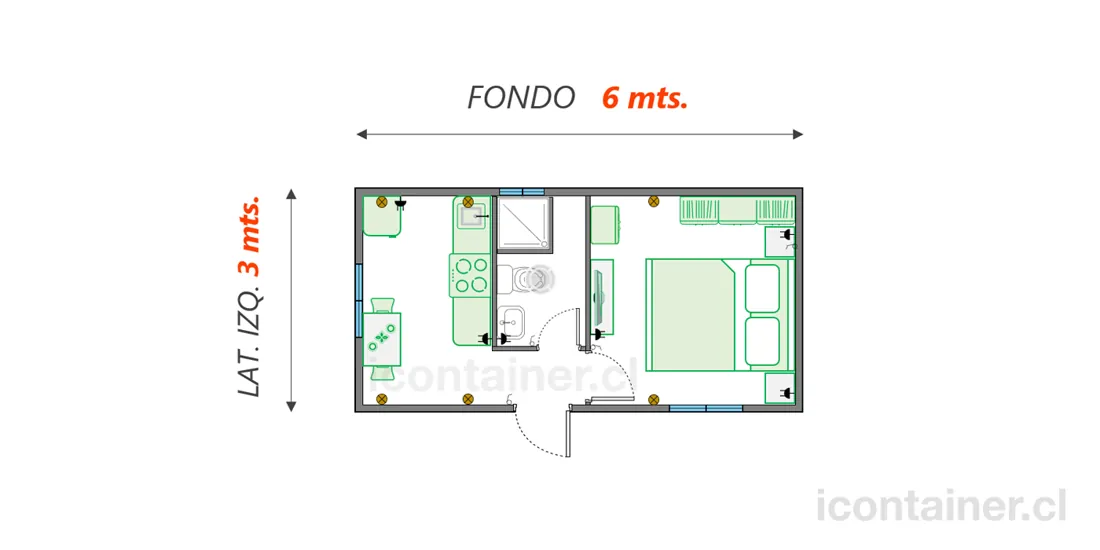 Casa 18 m² · 1 dormitorio — Modelo 18 ALFA 1 02 630 4 — Icontainer