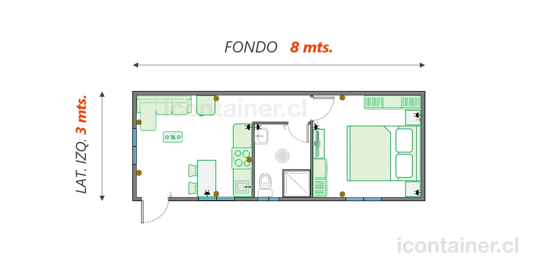 Casa 24 m² · 1 dormitorio — Modelo 24 ALFA 1 03 830 4 — Icontainer