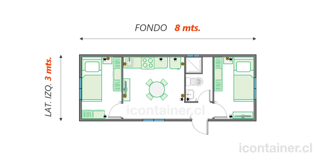 Casa 24 m² · 2 dormitorios — Modelo 24 BETA 1 03 830 4 — Icontainer