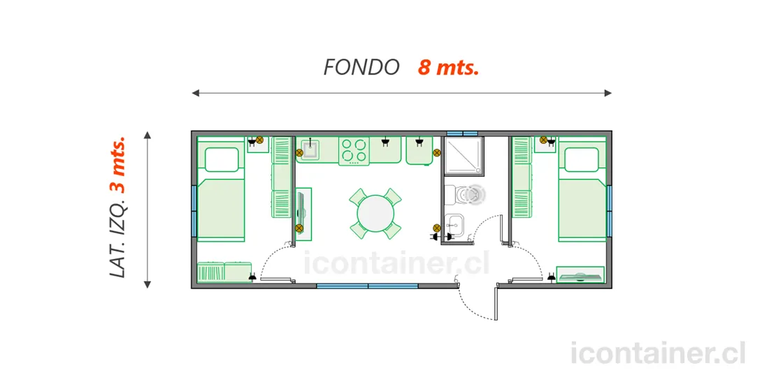 Casa 24 m² · 2 dormitorios — Modelo 24 BETA 1 12 830 4 — Icontainer