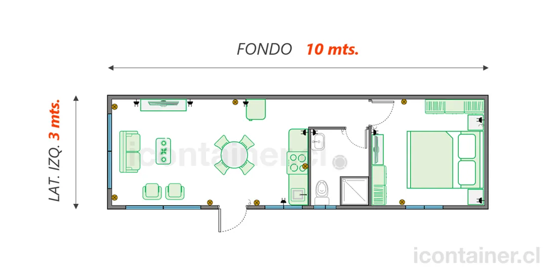 Casa 30 m² · 1 dormitorio — Modelo 30 ALFA 1 22 1030 3 — Icontainer