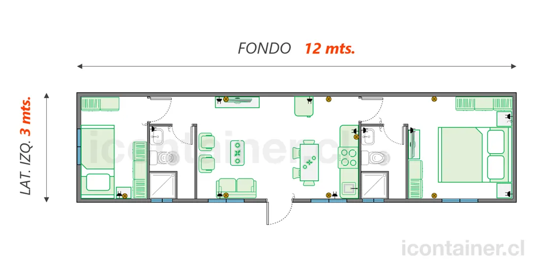 Casa 36 m² · 2 dormitorios — Modelo 36 BETA 3 04 1230 4 — Icontainer