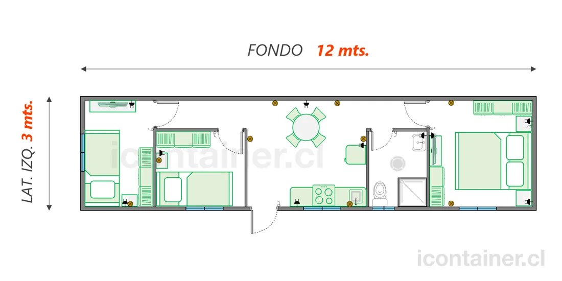 Casa 36 m² · 3 dormitorios — Modelo 36 CHARLIE 1 04 1230 4 — Icontainer