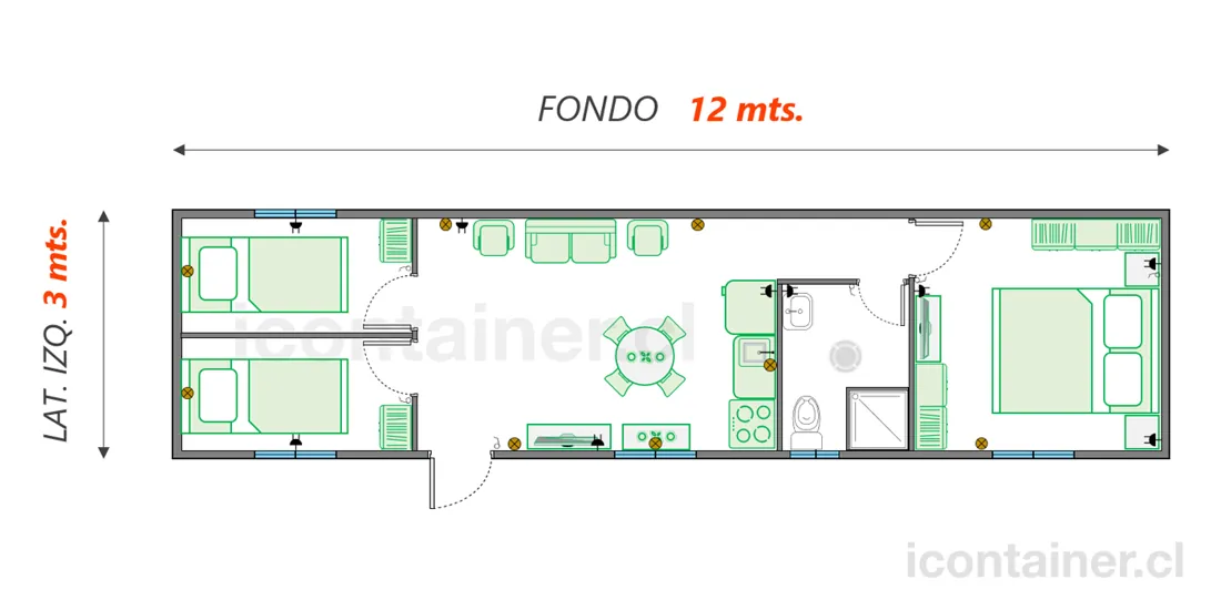 Casa 36 m² · 3 dormitorios — Modelo 36 CHARLIE 2 04 1230 4 — Icontainer