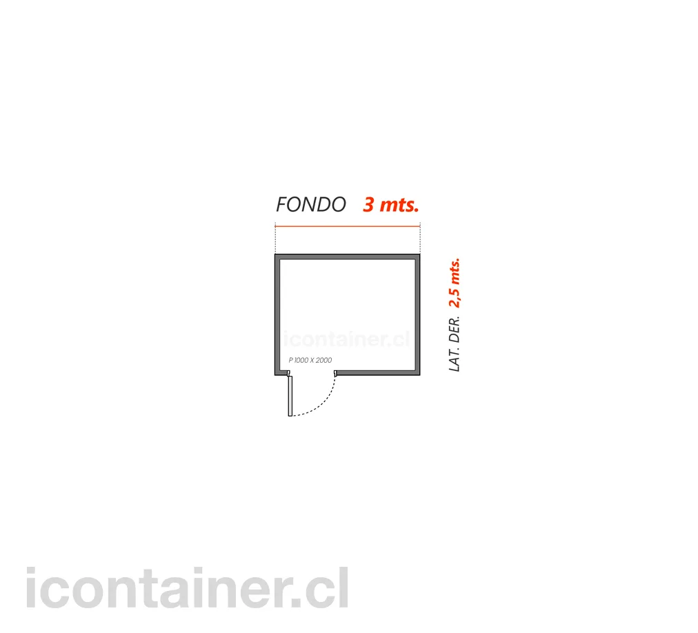 3 x 2,5 mts. |  7,5 M2  | 1 Puerta Lateral 2 — Icontainer