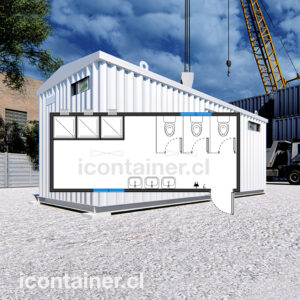 6 x 2,5 mts.  | 3 Lavamanos, 3 WC y 3 Duchas